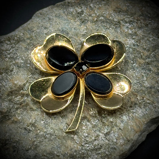 Vintage Black and Gold Tone Four Leaf Clover Brooch