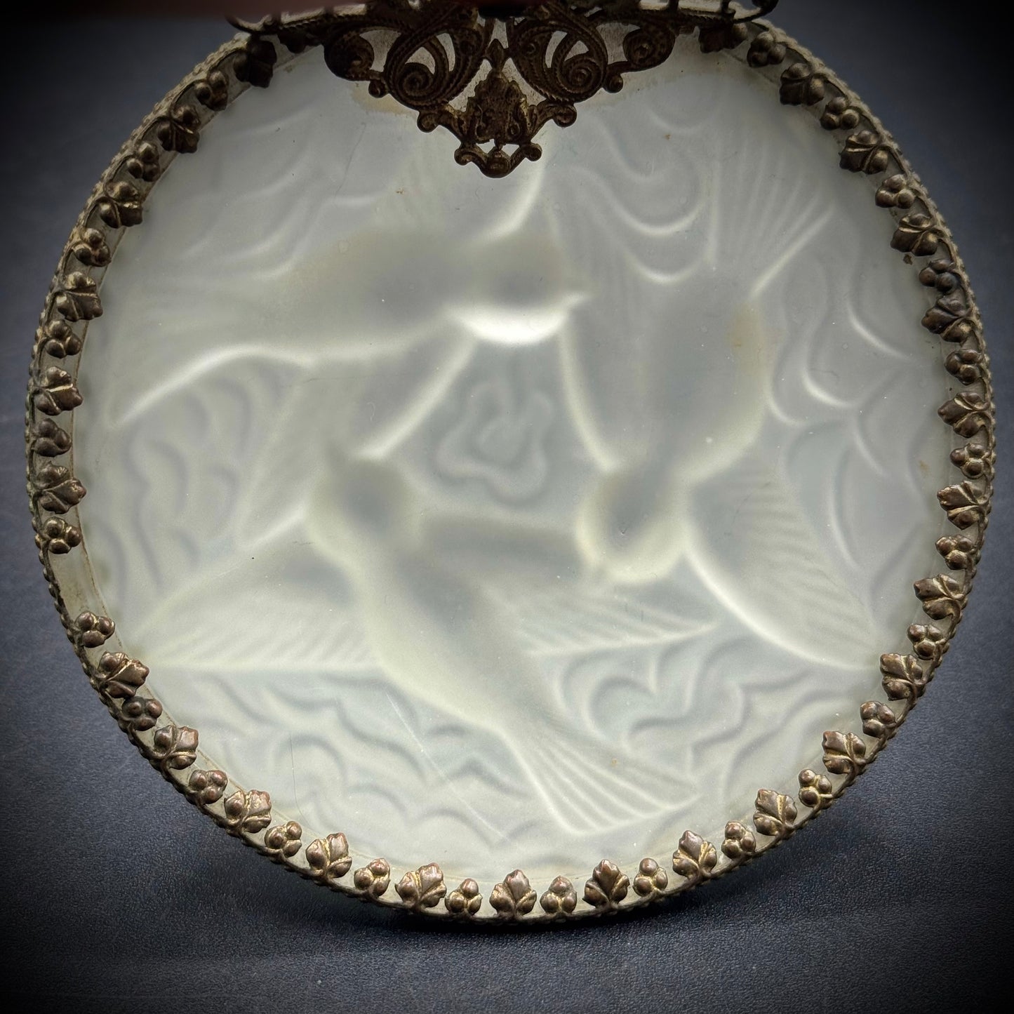 Metal, Porcelain & Art Glass Dish with Courting Couple & Bird Motif