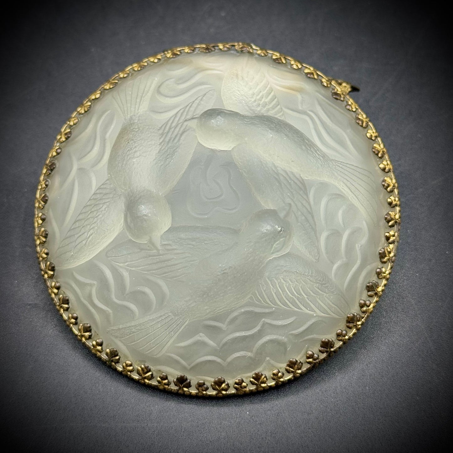 Metal, Porcelain & Art Glass Dish with Courting Couple & Bird Motif