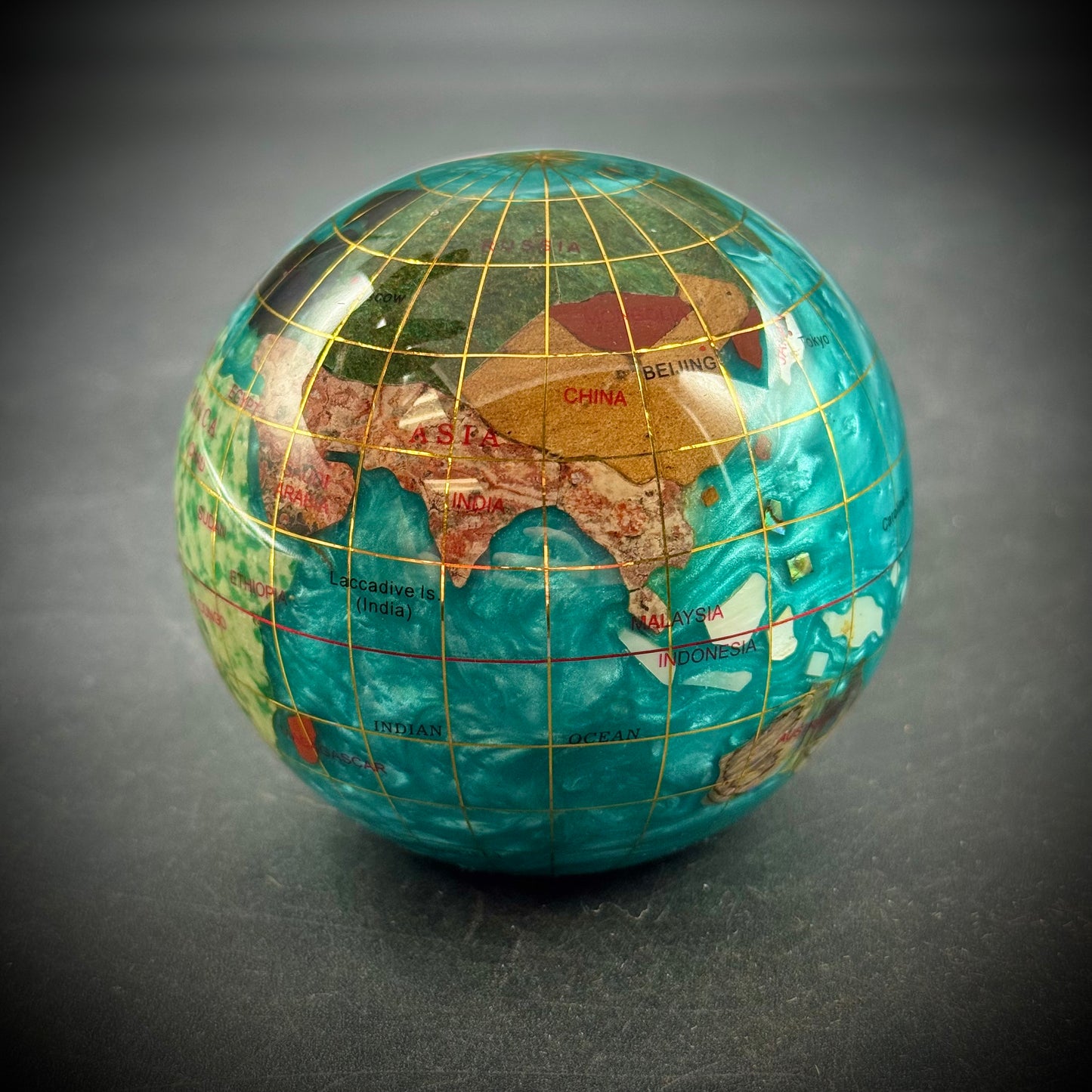Caribbean Blue Inlaid Gemstone & Shell Globe Paperweight