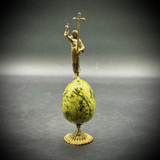 Vintage Green Serpentine Egg with Metal Jesus & Cross