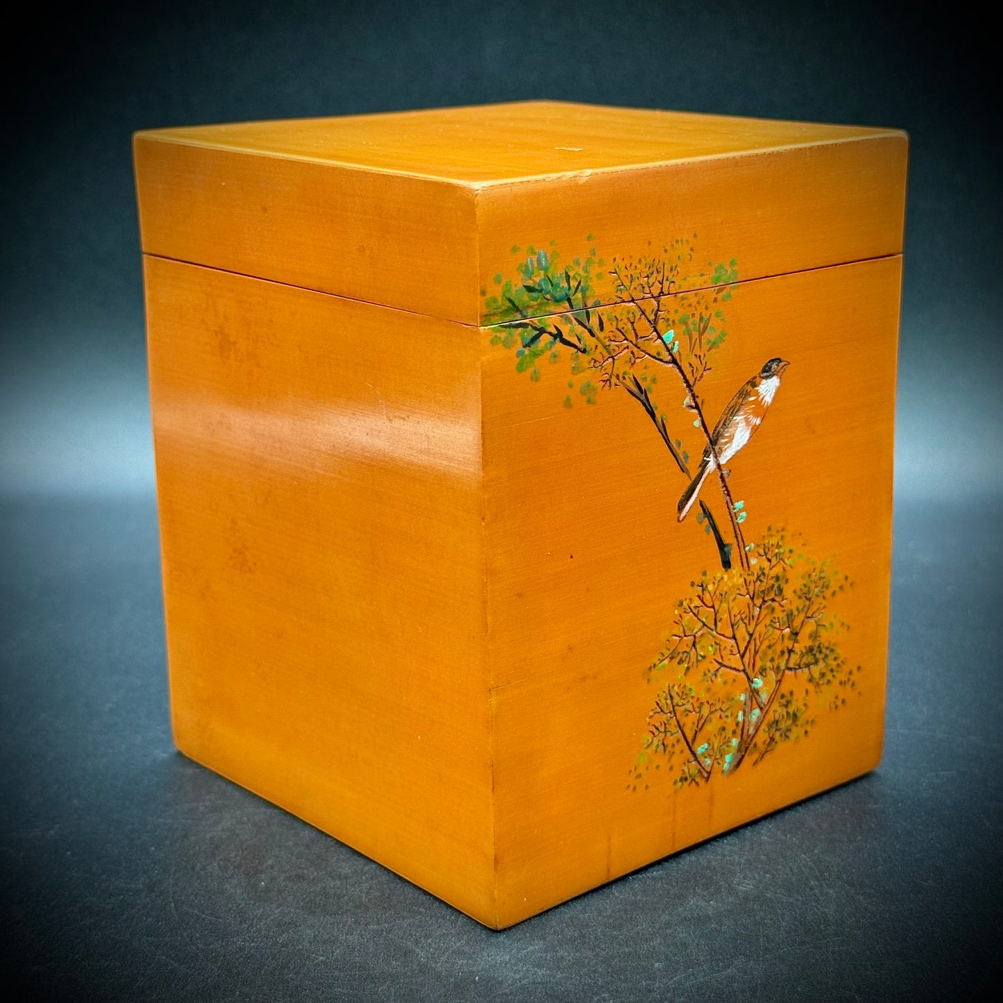 Vintage 1970s Lacquered Wood Box with Bird Motif - Made in Japan