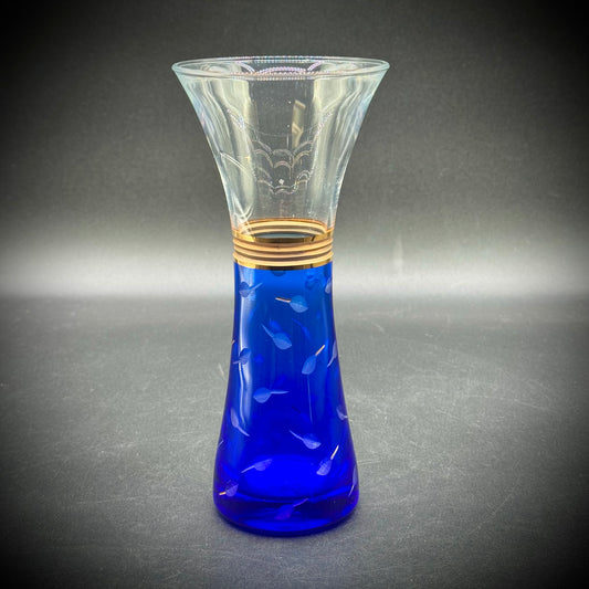 Vintage Shiseido Cobalt Blue Cut Crystal Vase with Gold Gilt Accents