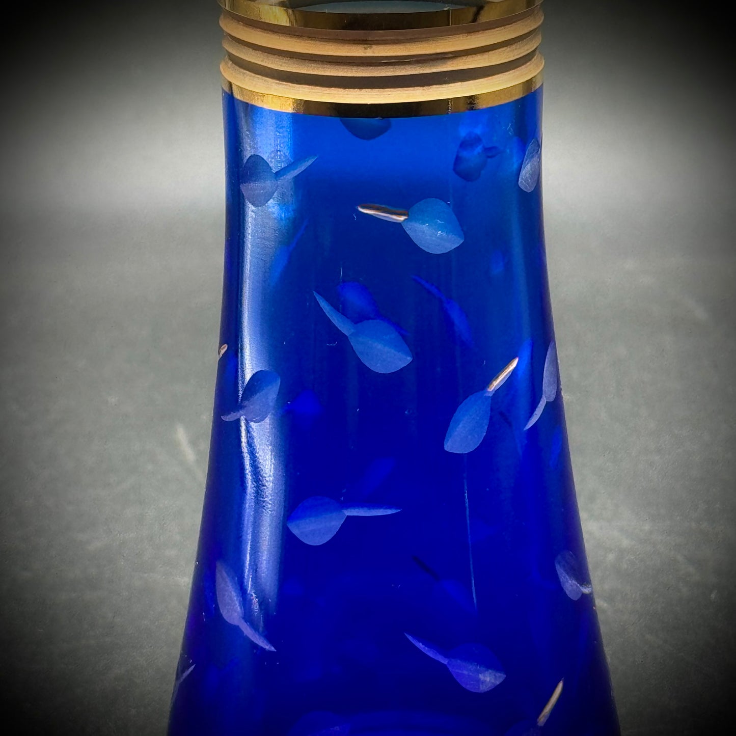 Vintage Shiseido Cobalt Blue Cut Crystal Vase with Gold Gilt Accents