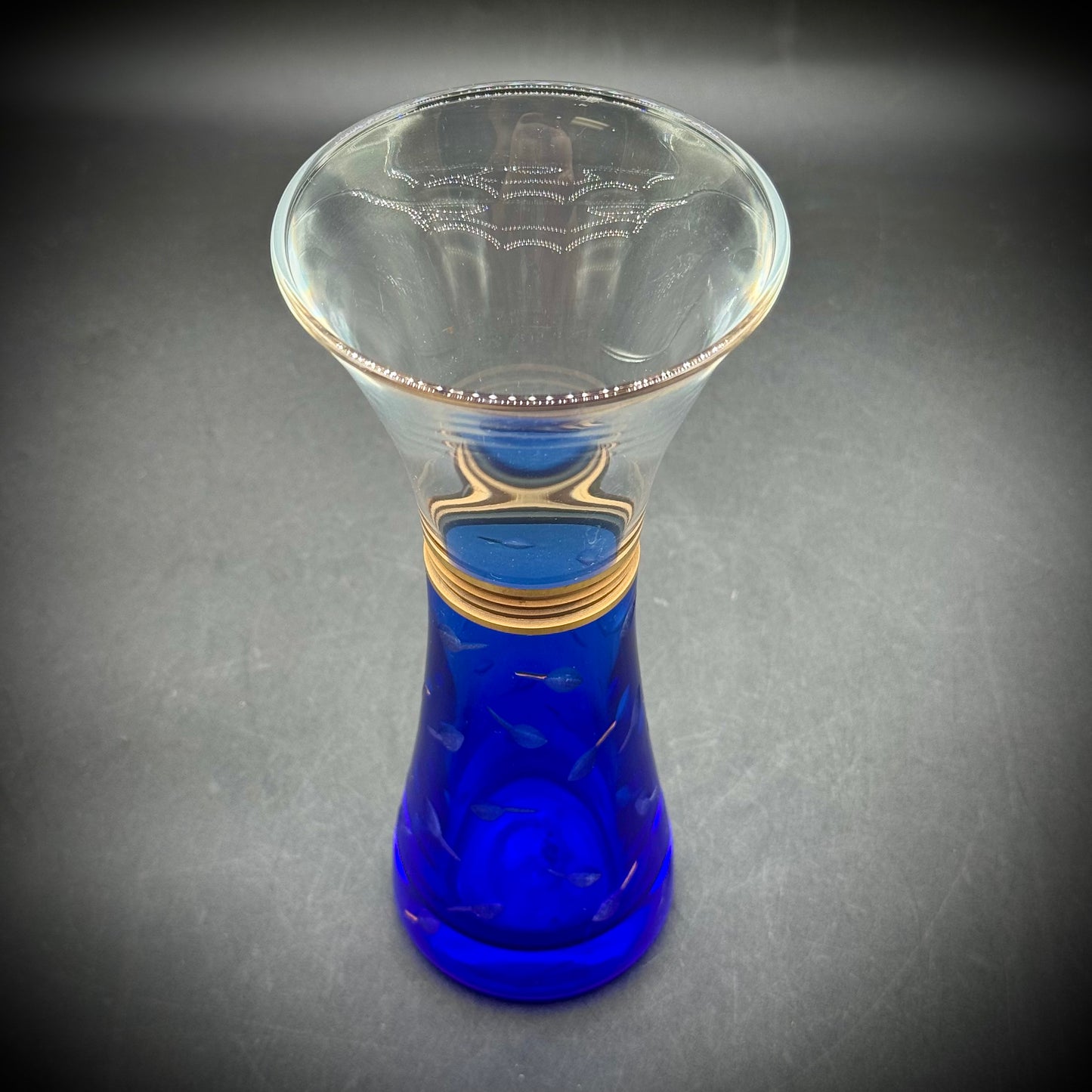 Vintage Shiseido Cobalt Blue Cut Crystal Vase with Gold Gilt Accents