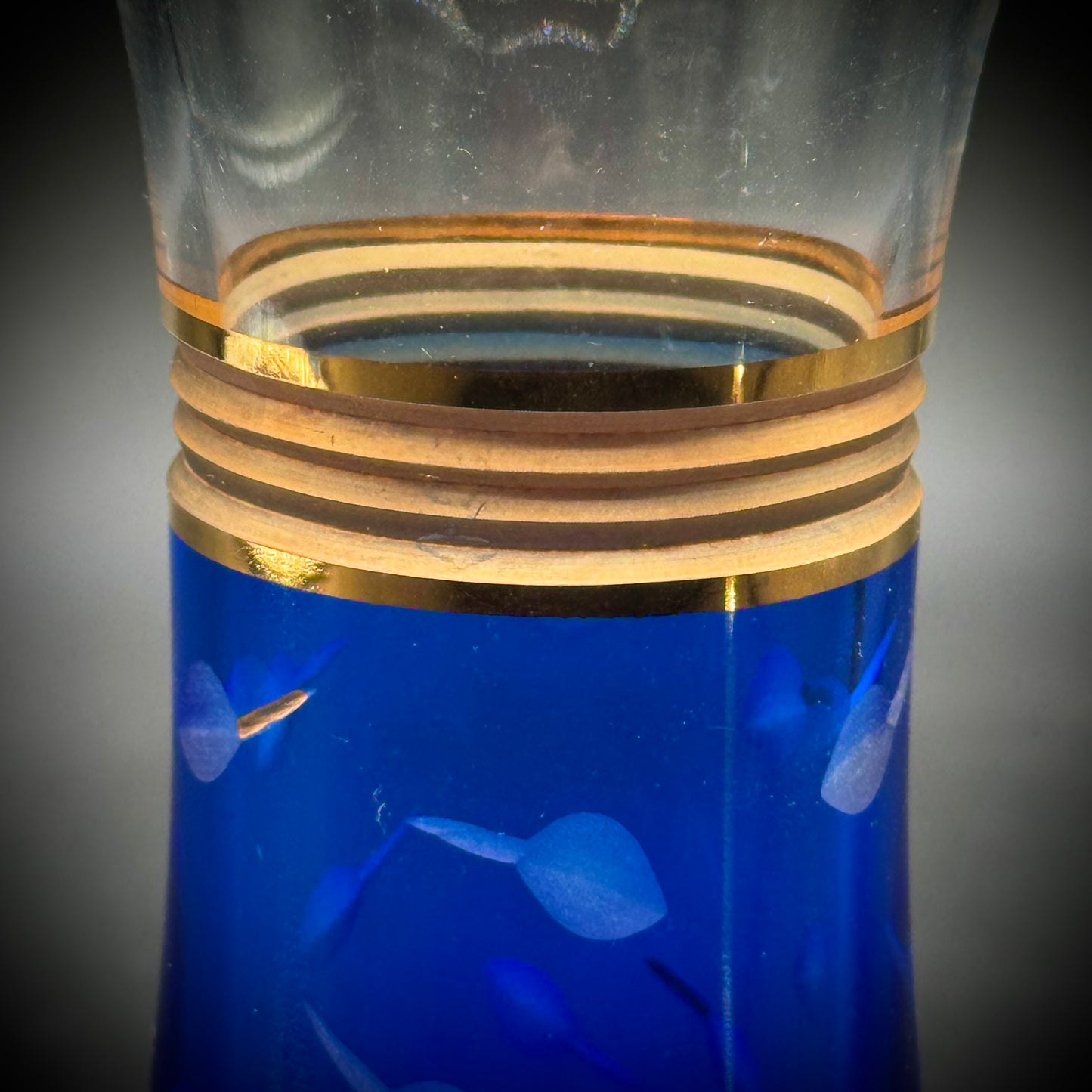 Vintage Shiseido Cobalt Blue Cut Crystal Vase with Gold Gilt Accents