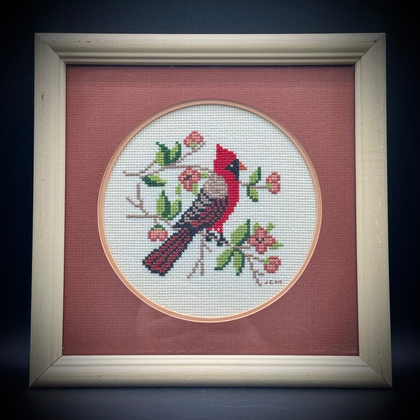 Vintage Hand Crafted Cardinal Needlepoint in Shabby Chic Frame