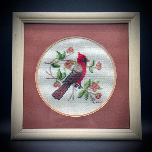 Vintage Hand Crafted Cardinal Needlepoint in Shabby Chic Frame