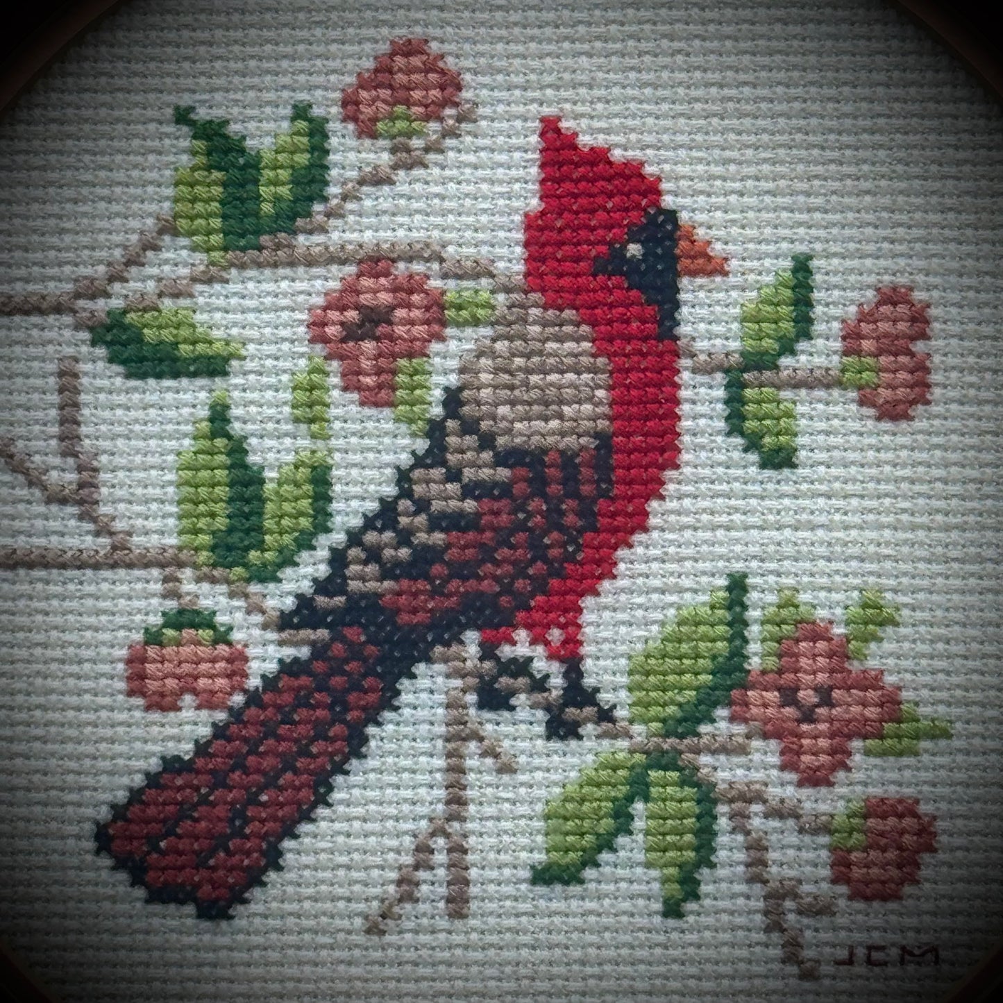 Vintage Hand Crafted Cardinal Needlepoint in Shabby Chic Frame