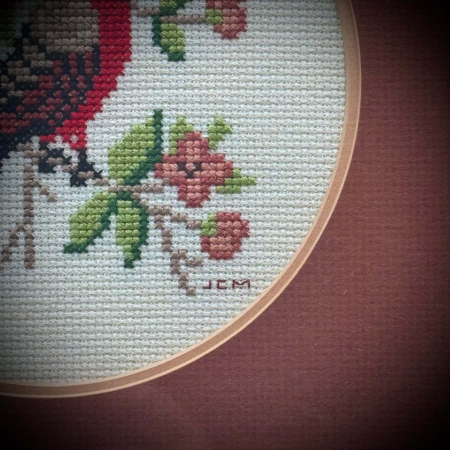 Vintage Hand Crafted Cardinal Needlepoint in Shabby Chic Frame