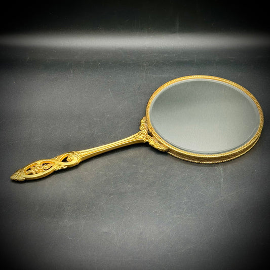 Hollywood Regency Large Hand Mirror with Ornate Scrollwork