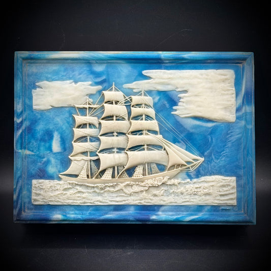 Vintage Incolay High Relief 19th Century Sailing Ship Wood Box