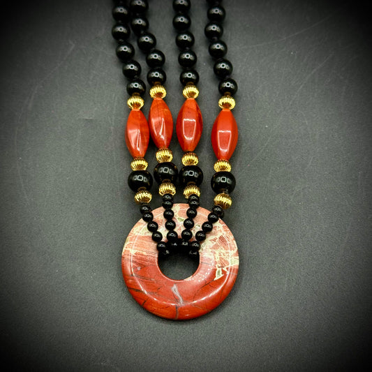 Red Japser & Onyx Hand Knotted Double Strand Bead Necklace