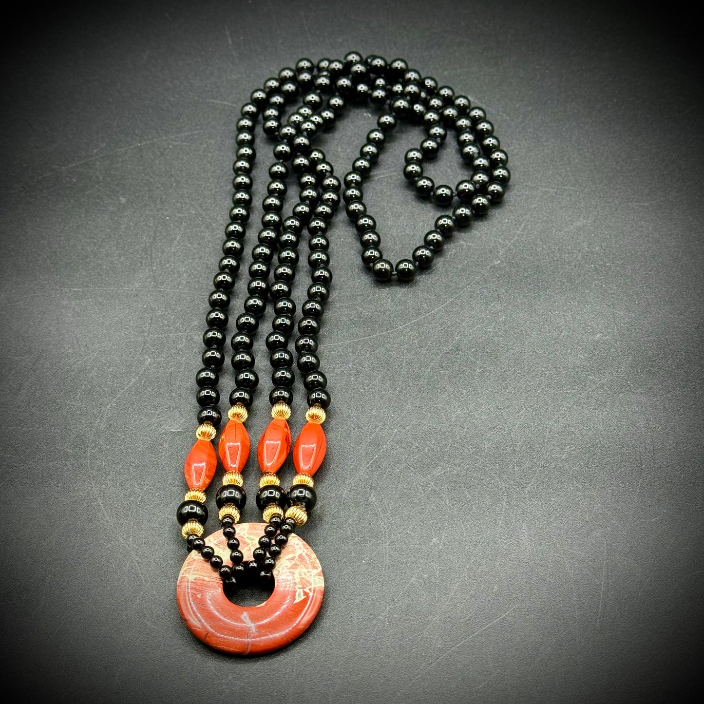 Red Japser & Onyx Hand Knotted Double Strand Bead Necklace