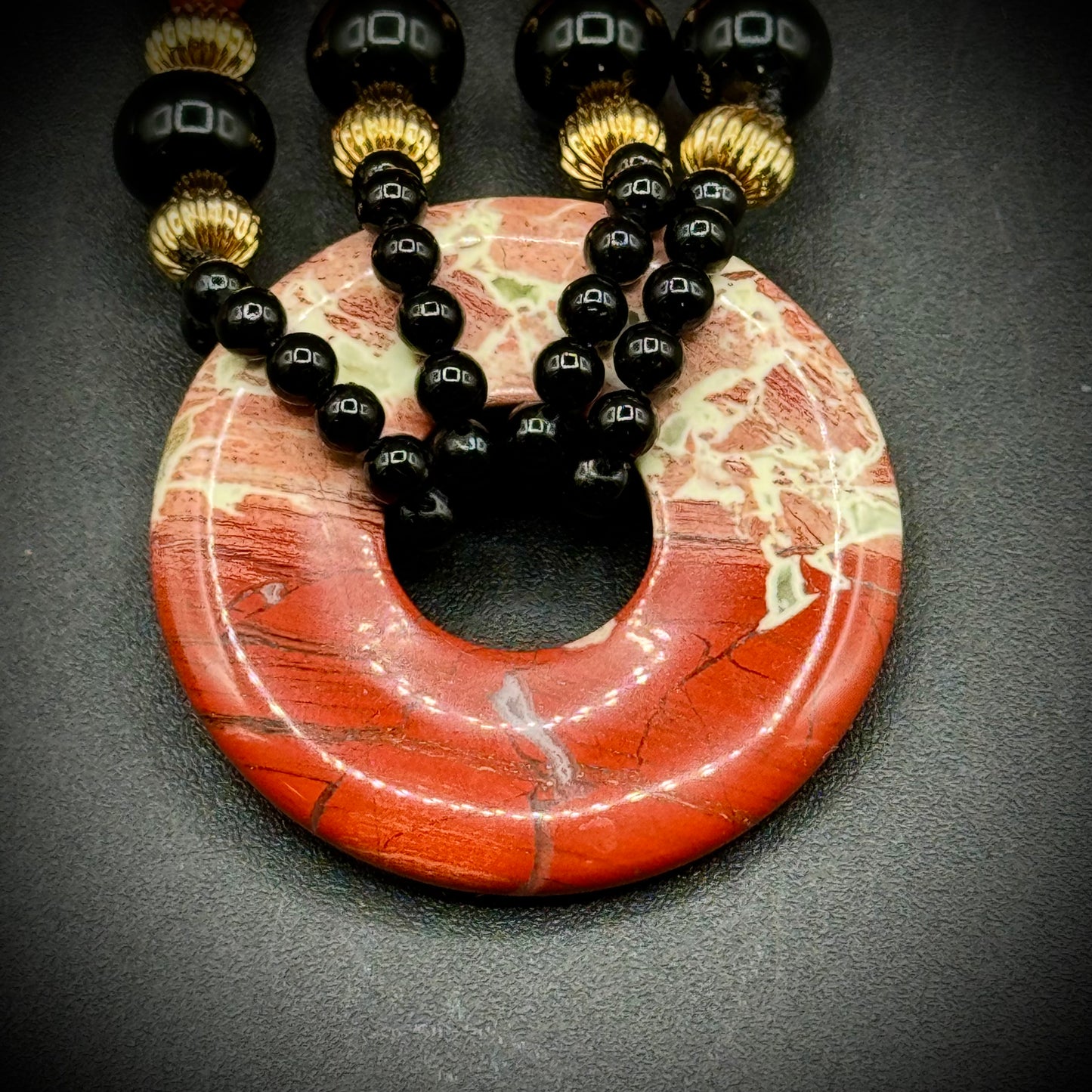 Red Japser & Onyx Hand Knotted Double Strand Bead Necklace