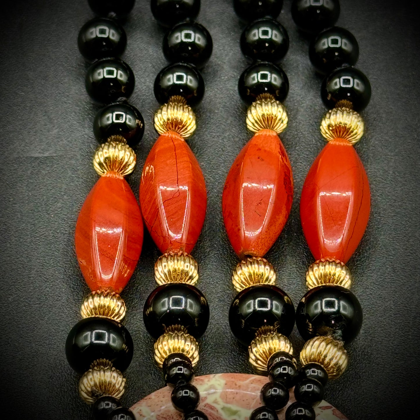 Red Japser & Onyx Hand Knotted Double Strand Bead Necklace