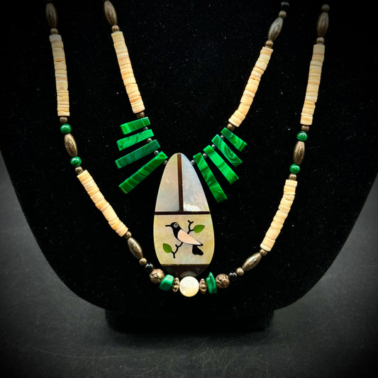 Double Strand Malachite & Carved Bead Necklace w/Inlaid Pendant