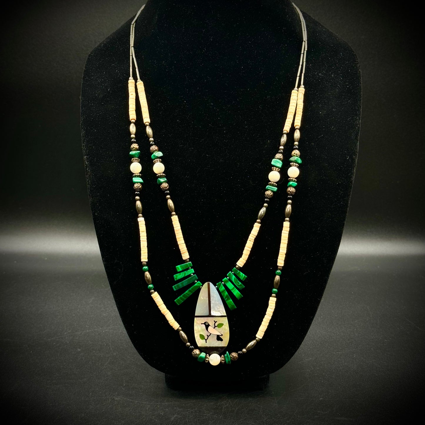 Double Strand Malachite & Carved Bead Necklace w/Inlaid Pendant