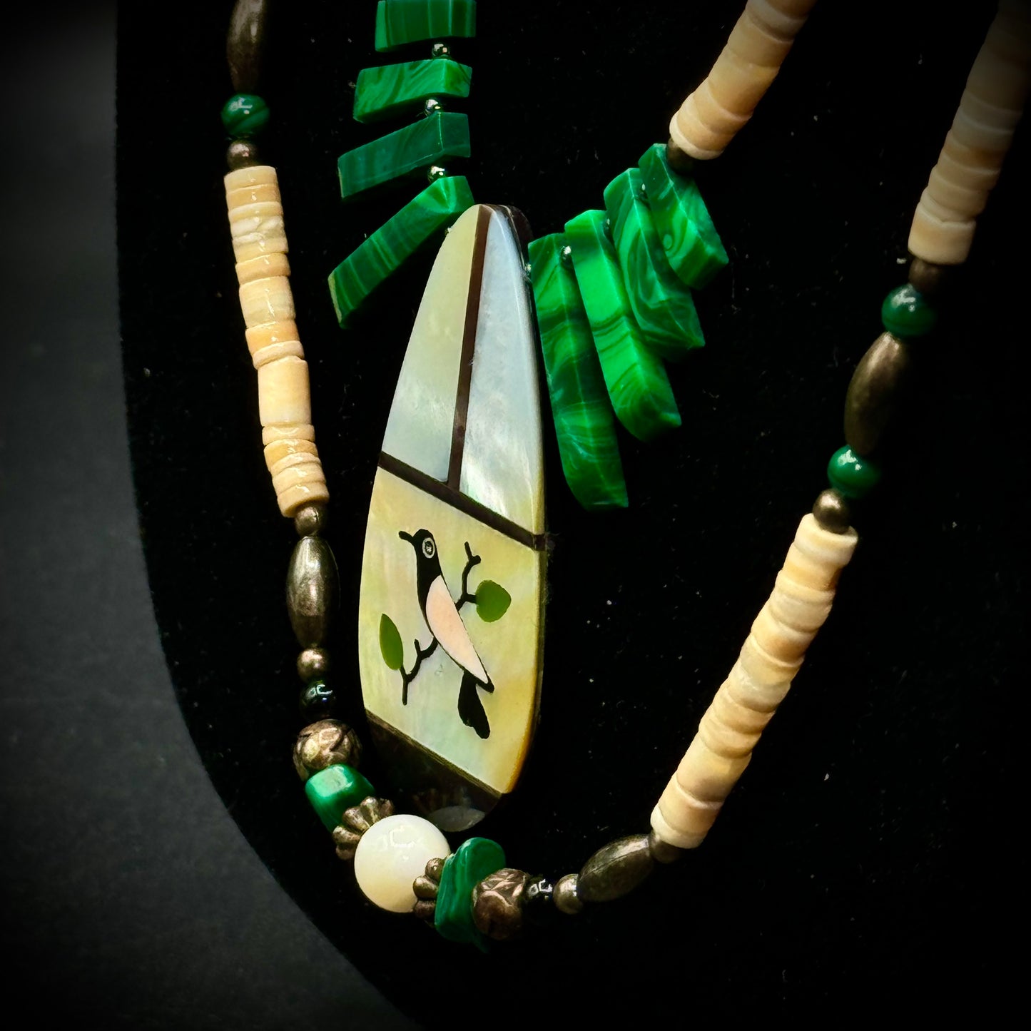 Double Strand Malachite & Carved Bead Necklace w/Inlaid Pendant