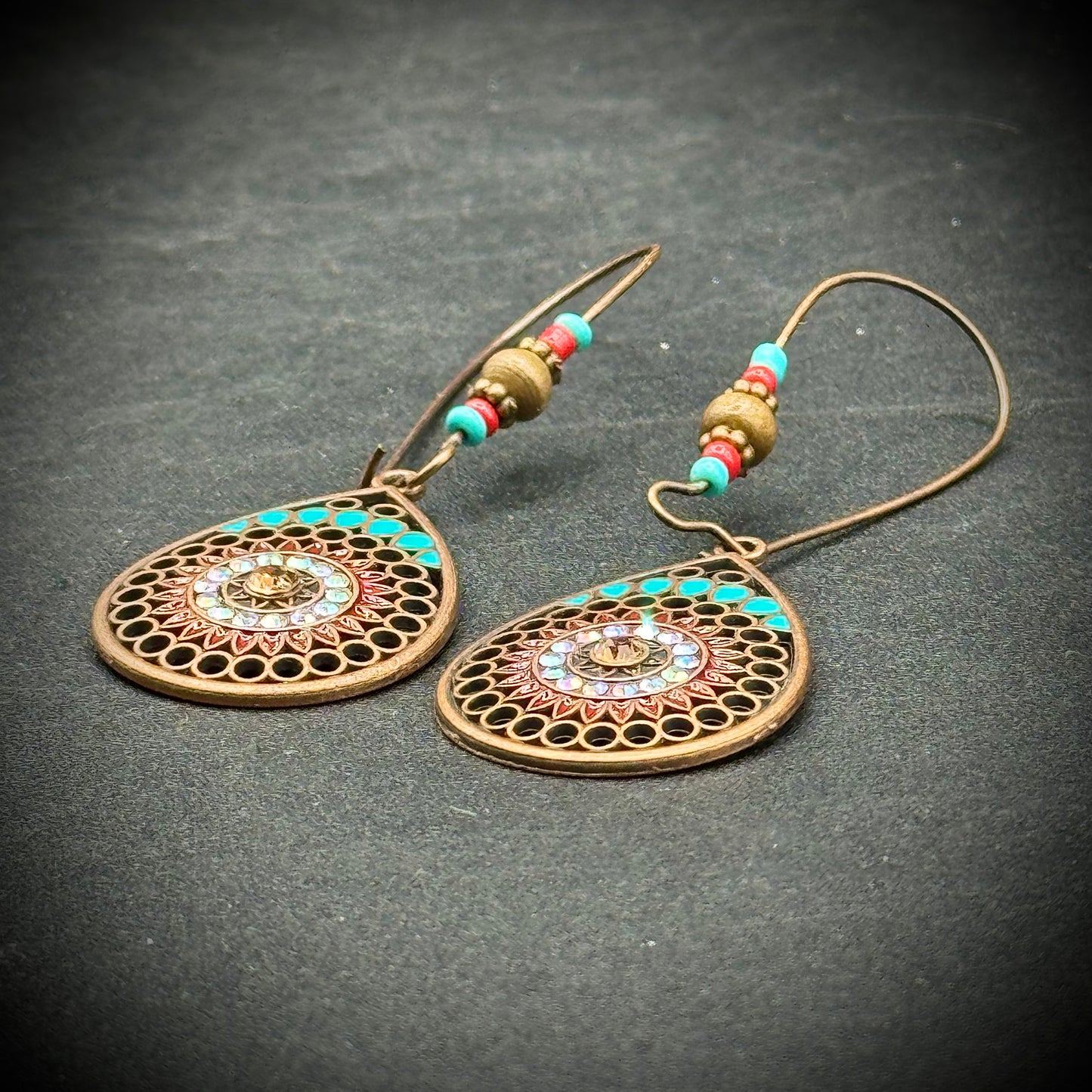 Tear Drop Earrings with Multi-Color Beads & Turquoise Accents