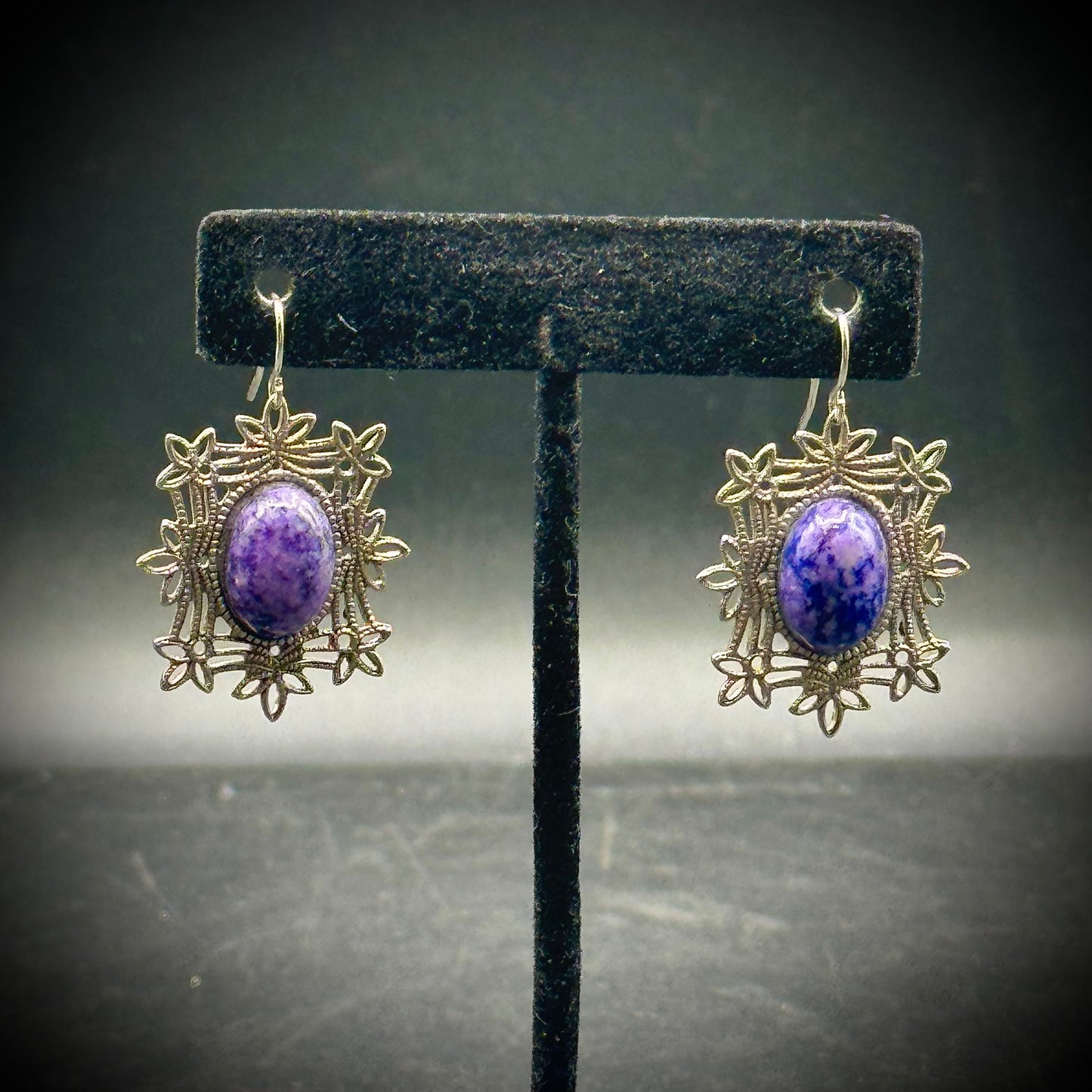 Silver Tone Earrings with Purple Stones