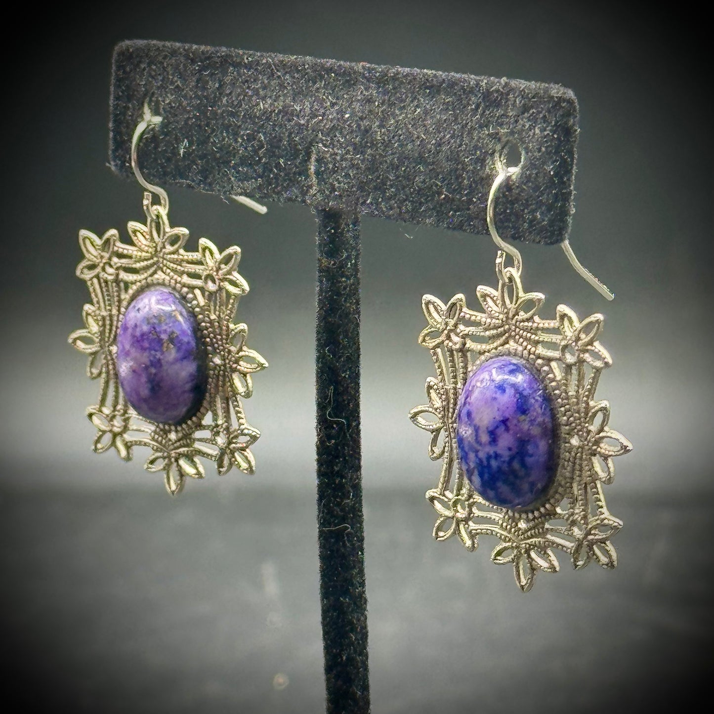 Silver Tone Earrings with Purple Stones