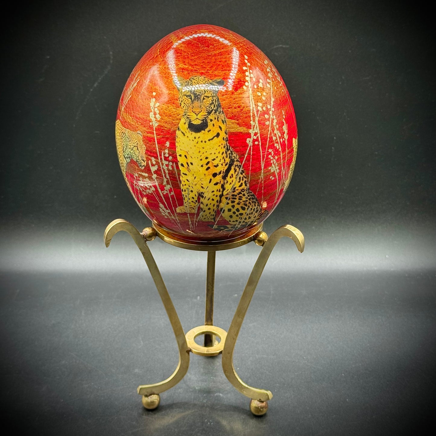 Hand Painted Leopard Motif Egg on Large Brass Base