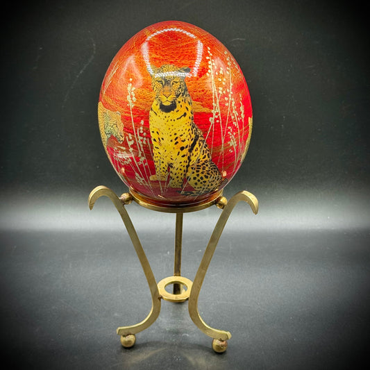 Hand Painted Leopard Motif Egg on Large Brass Base