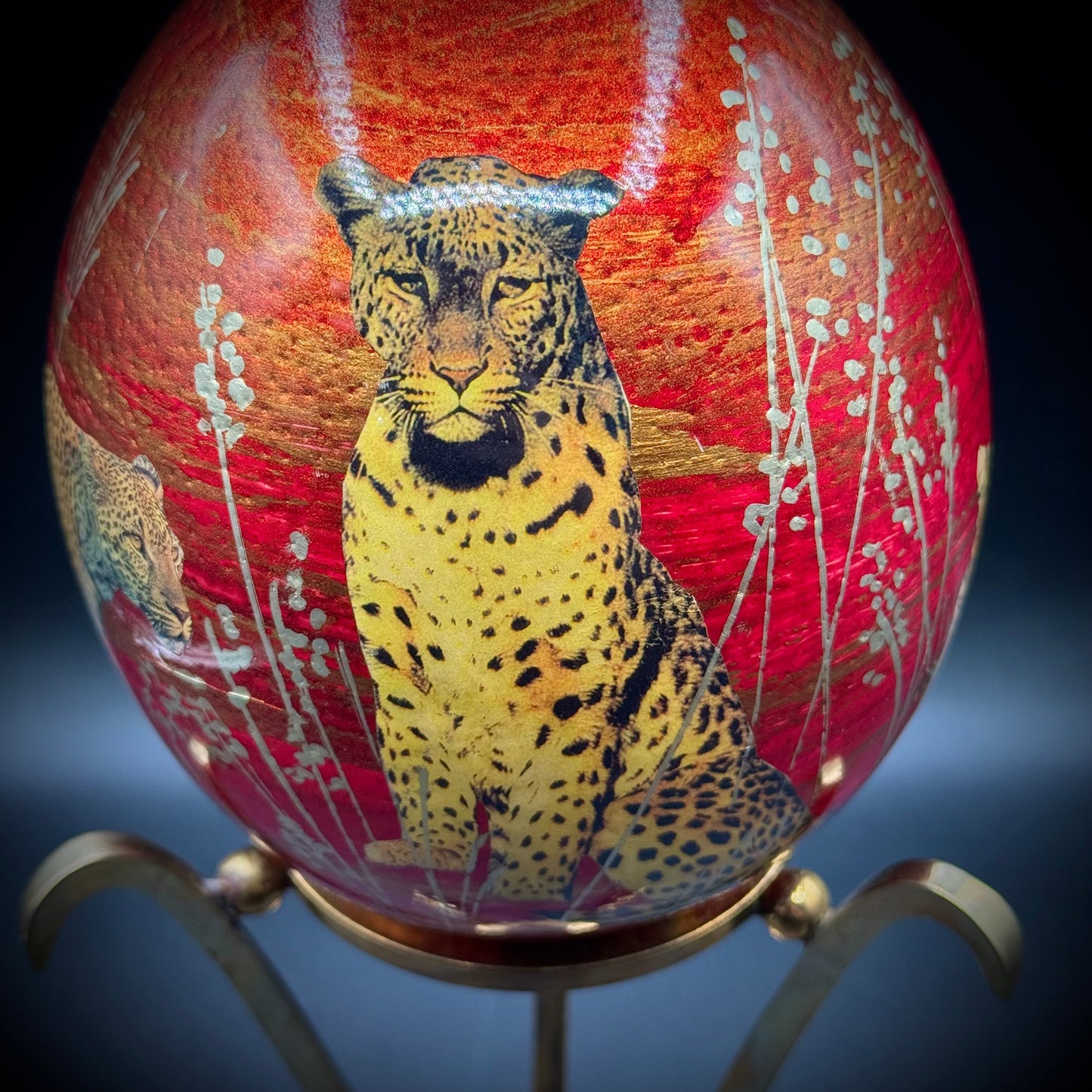 Hand Painted Leopard Motif Egg on Large Brass Base