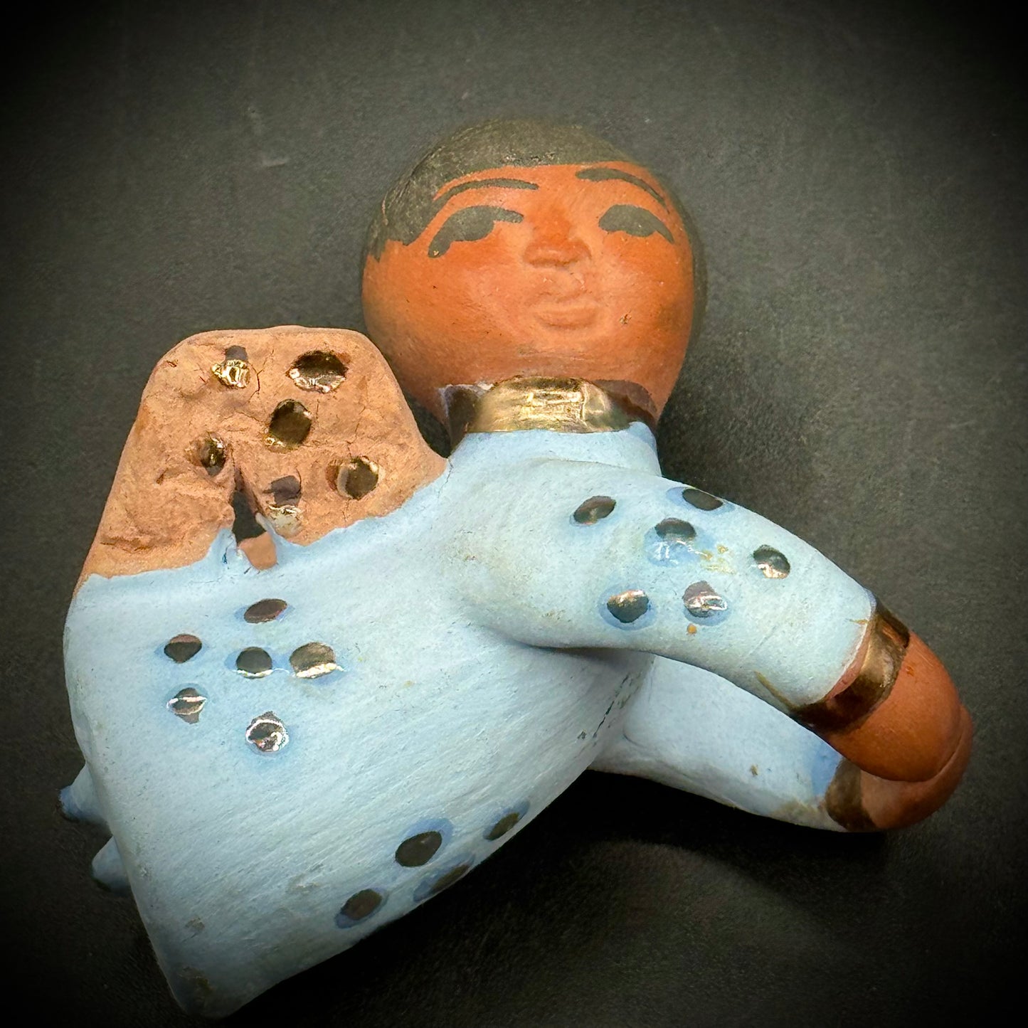 Pair of Hand Made Folk Art Blue Tone Clay Candle Angel Huggers