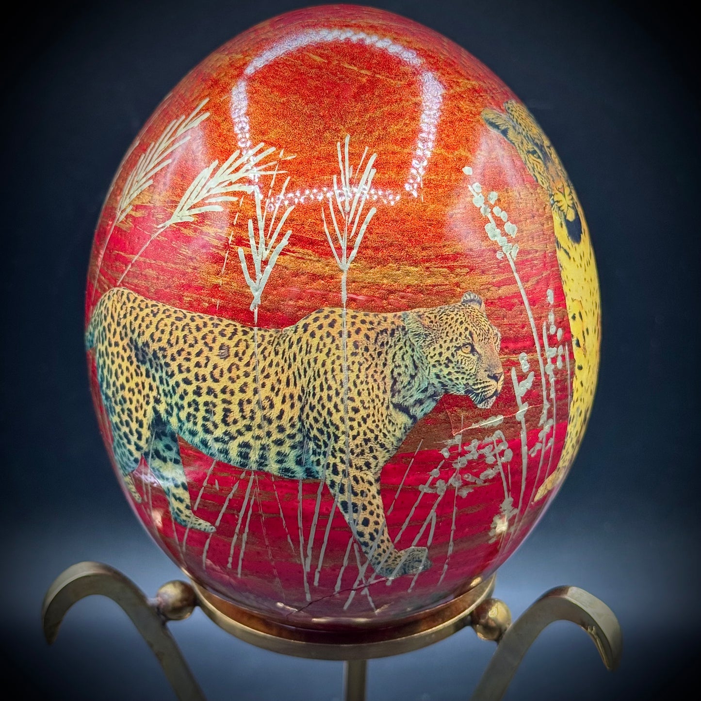 Hand Painted Leopard Motif Egg on Large Brass Base