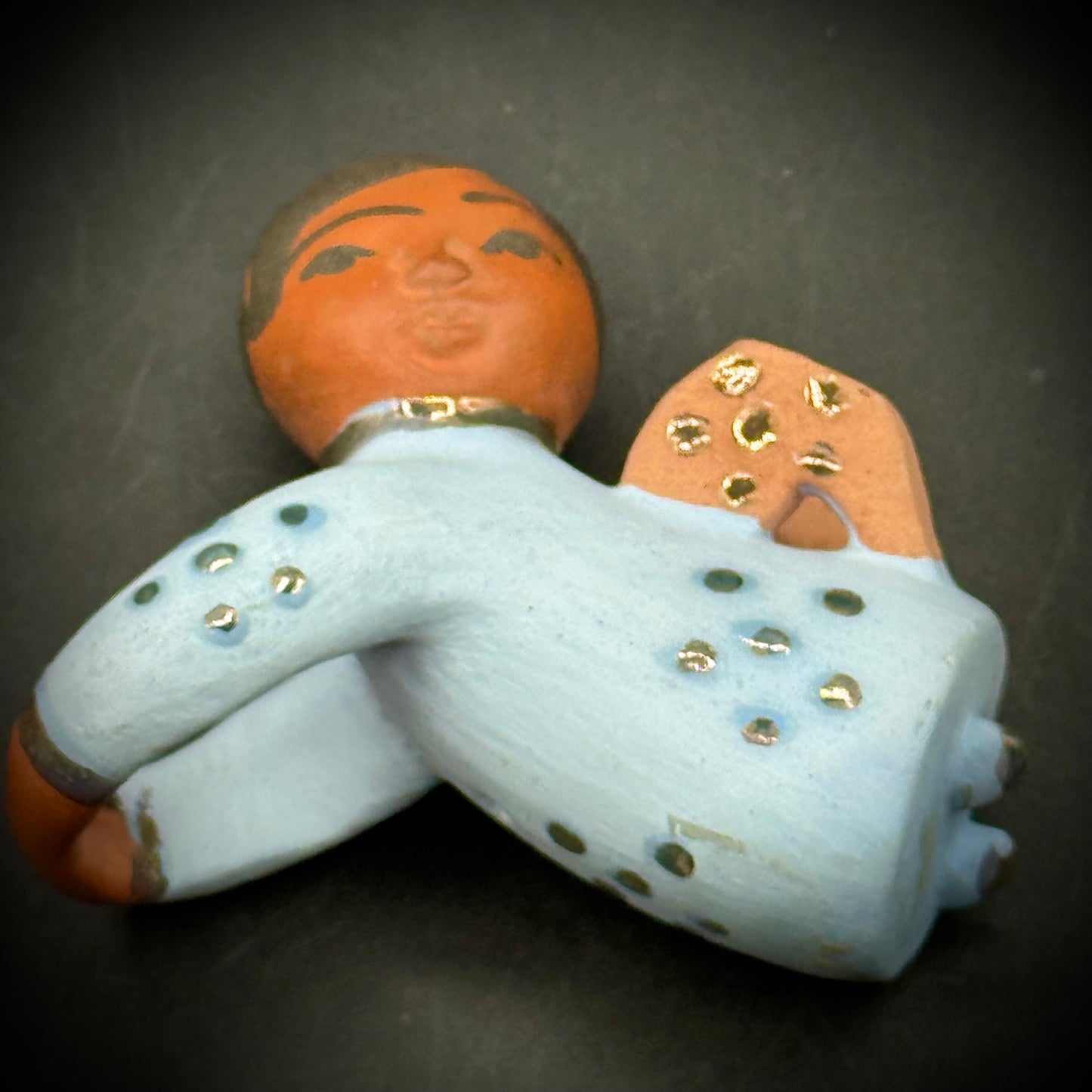 Pair of Hand Made Folk Art Blue Tone Clay Candle Angel Huggers