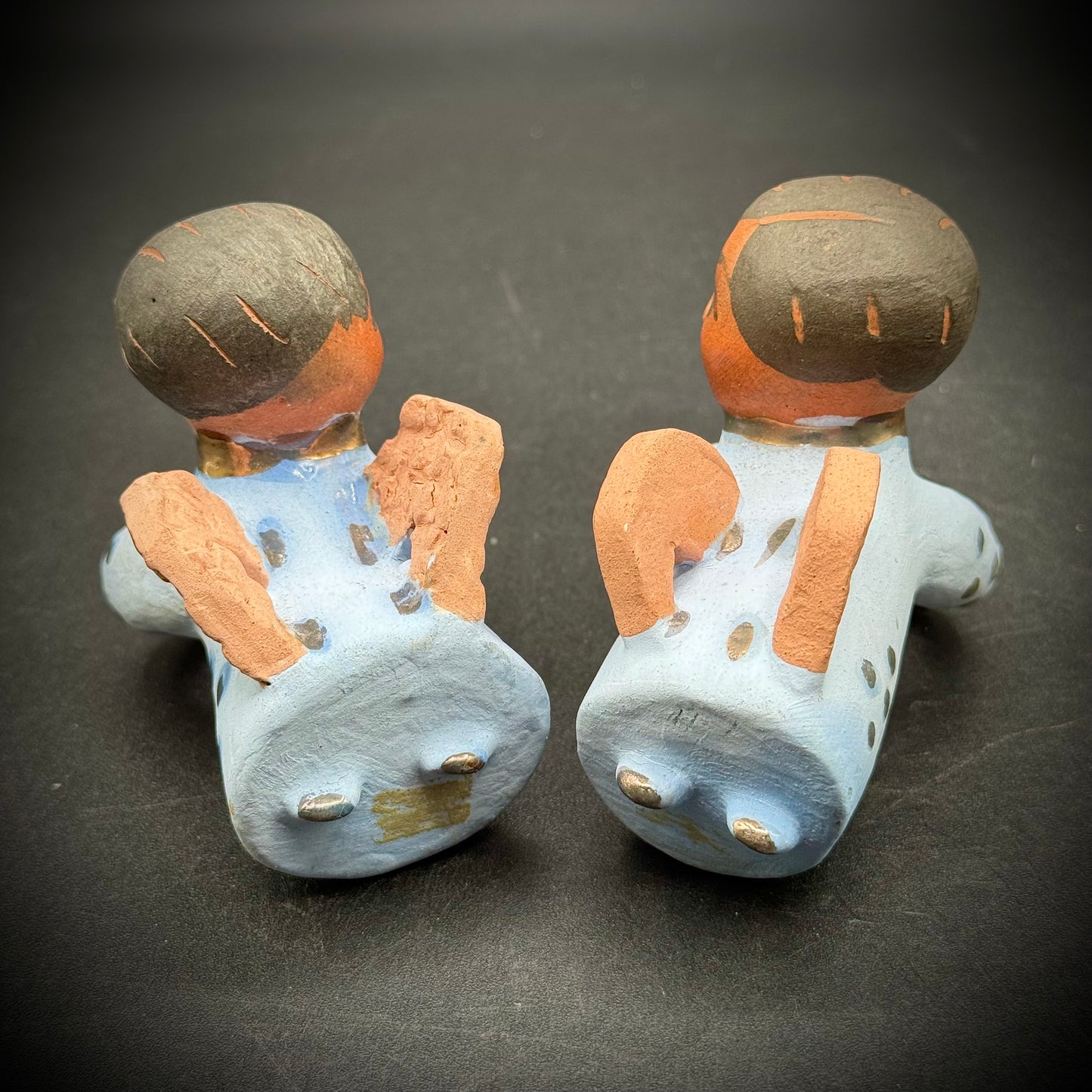 Pair of Hand Made Folk Art Blue Tone Clay Candle Angel Huggers