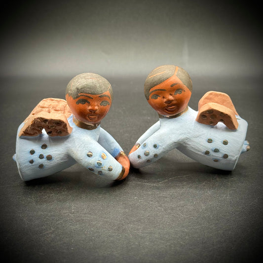 Pair of Hand Made Folk Art Blue Tone Clay Candle Angel Huggers