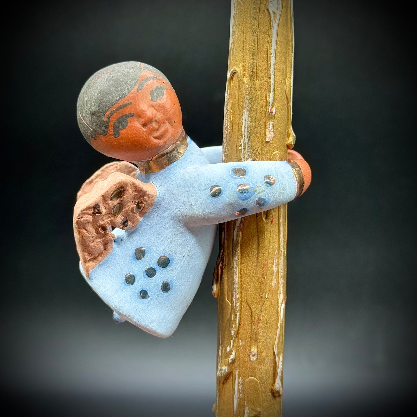 Pair of Hand Made Folk Art Blue Tone Clay Candle Angel Huggers