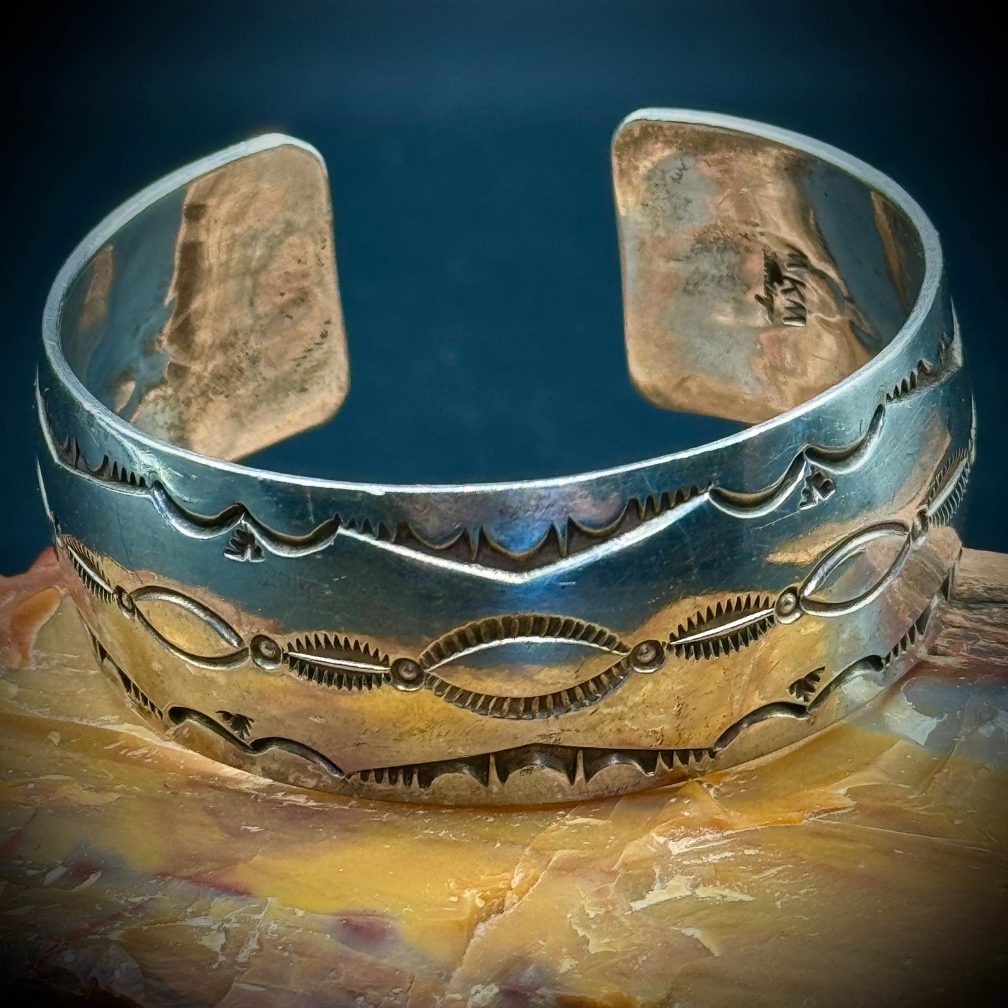 Navajo Native American Sterling Silver Stamped Heavy Cuff Bracelet Marked MKM