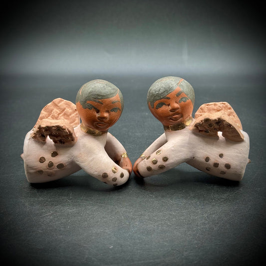 Pair of Hand Made Folk Art Pink Tone Clay Candle Angel Huggers