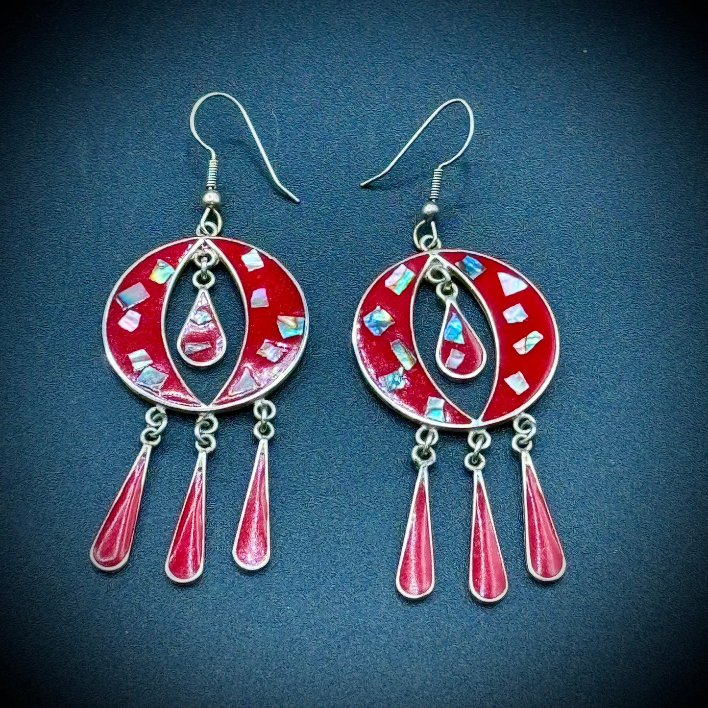 Alpaca Mexico Chandelier Earrings w/Red Enamel & Abalone Shell Inset