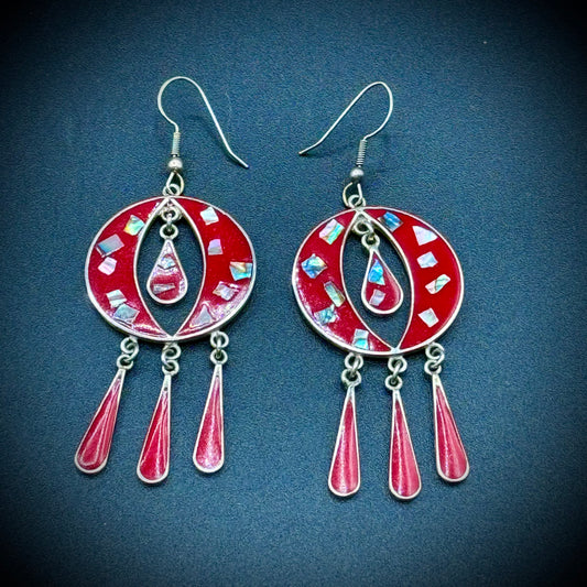 Alpaca Mexico Chandelier Earrings w/Red Enamel & Abalone Shell Inset