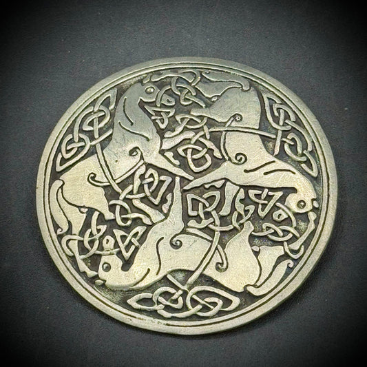 Vintage St. Justin Pewter Three Horse & Celtic Knot Motif Brooch