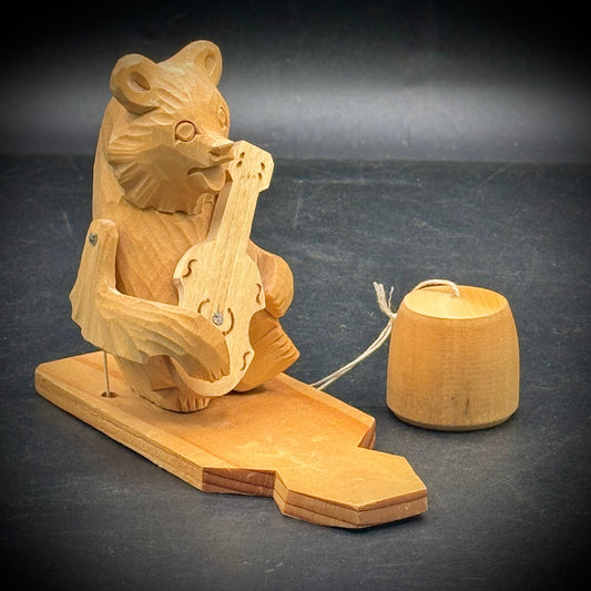Hand Carved Wooden Bear with Moving Arm & Guitar