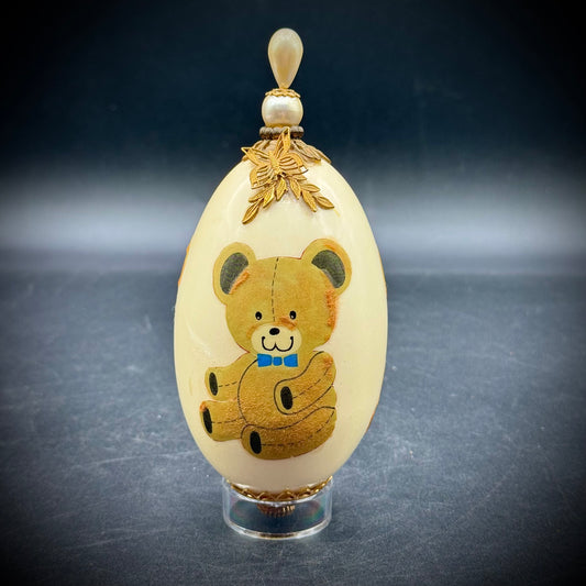 Artist Signed Bear Motif Painted Egg on Stand