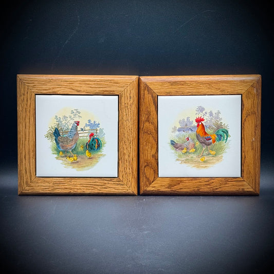 Pair of Vintage Rooster Trivets with Wood Frames