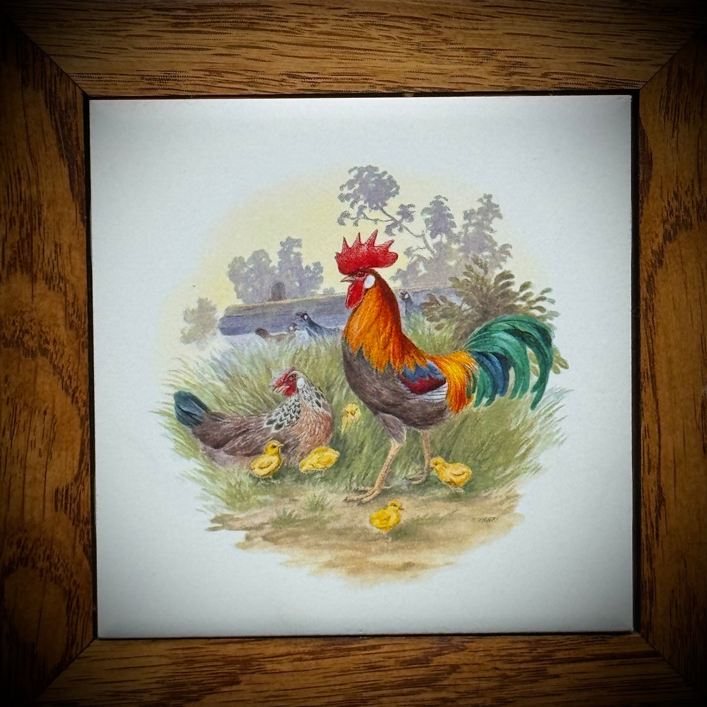 Pair of Vintage Rooster Trivets with Wood Frames