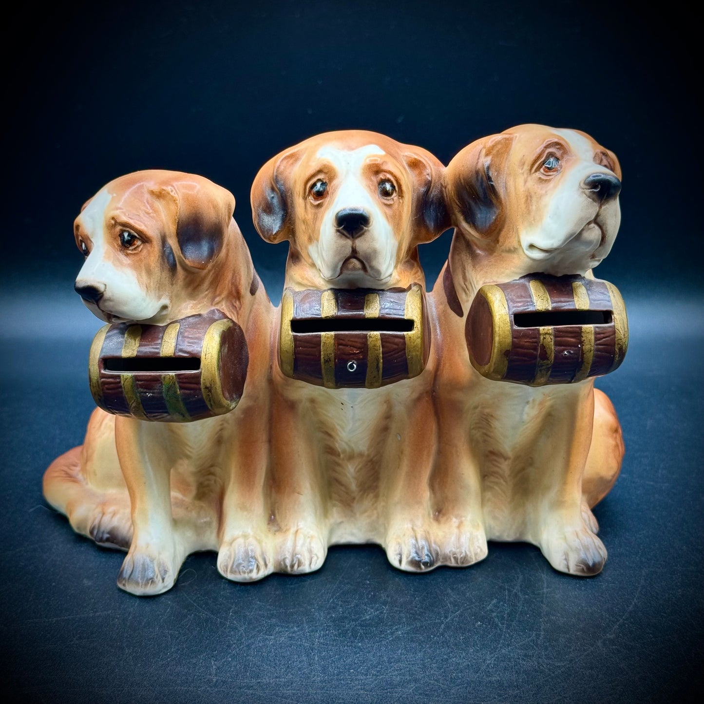 Vintage 1950s Japan Porcelain Three St. Bernard Dog Bank
