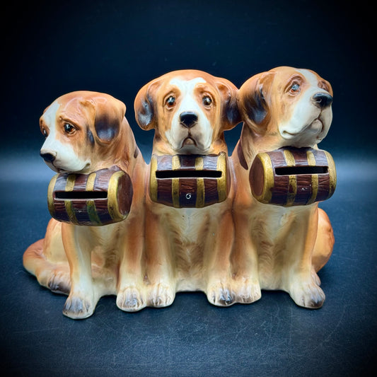 Vintage 1950s Japan Porcelain Three St. Bernard Dog Bank