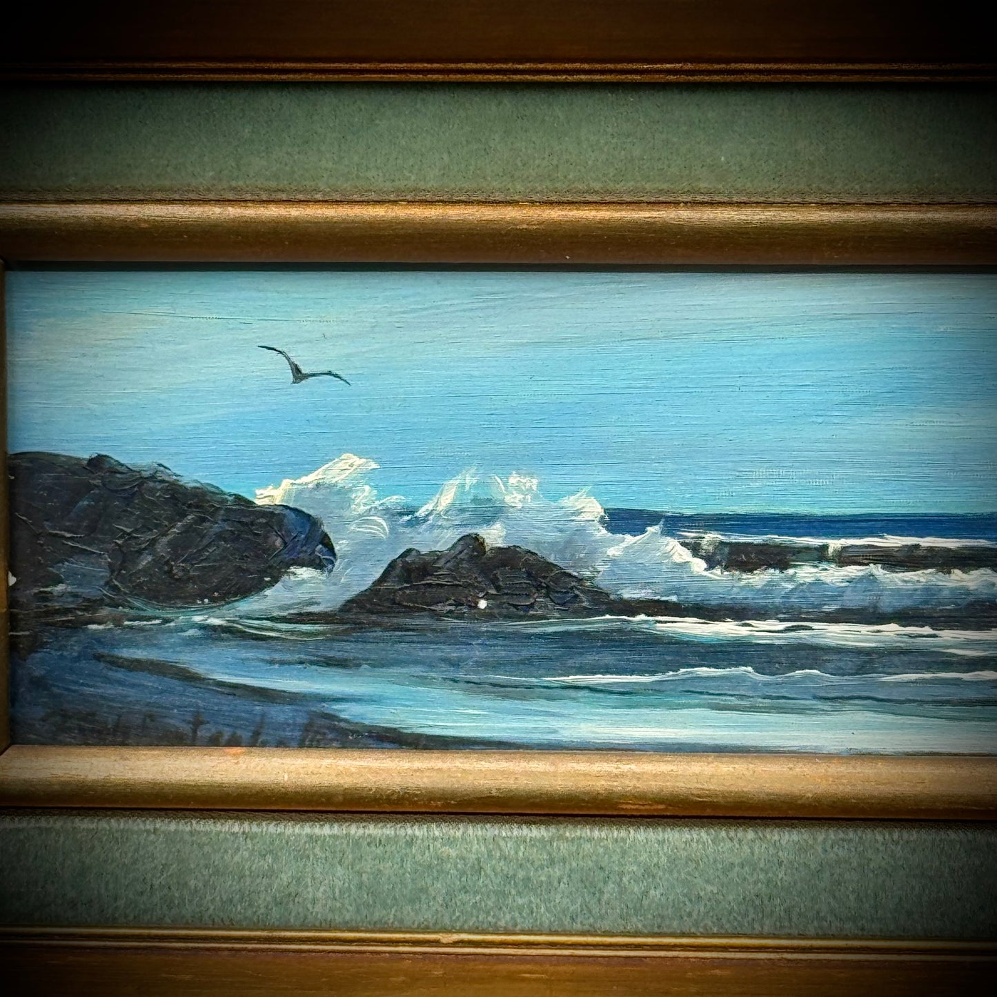 Original Artist Signed Ocean Scene Oil Painting with Birds Professionally Framed