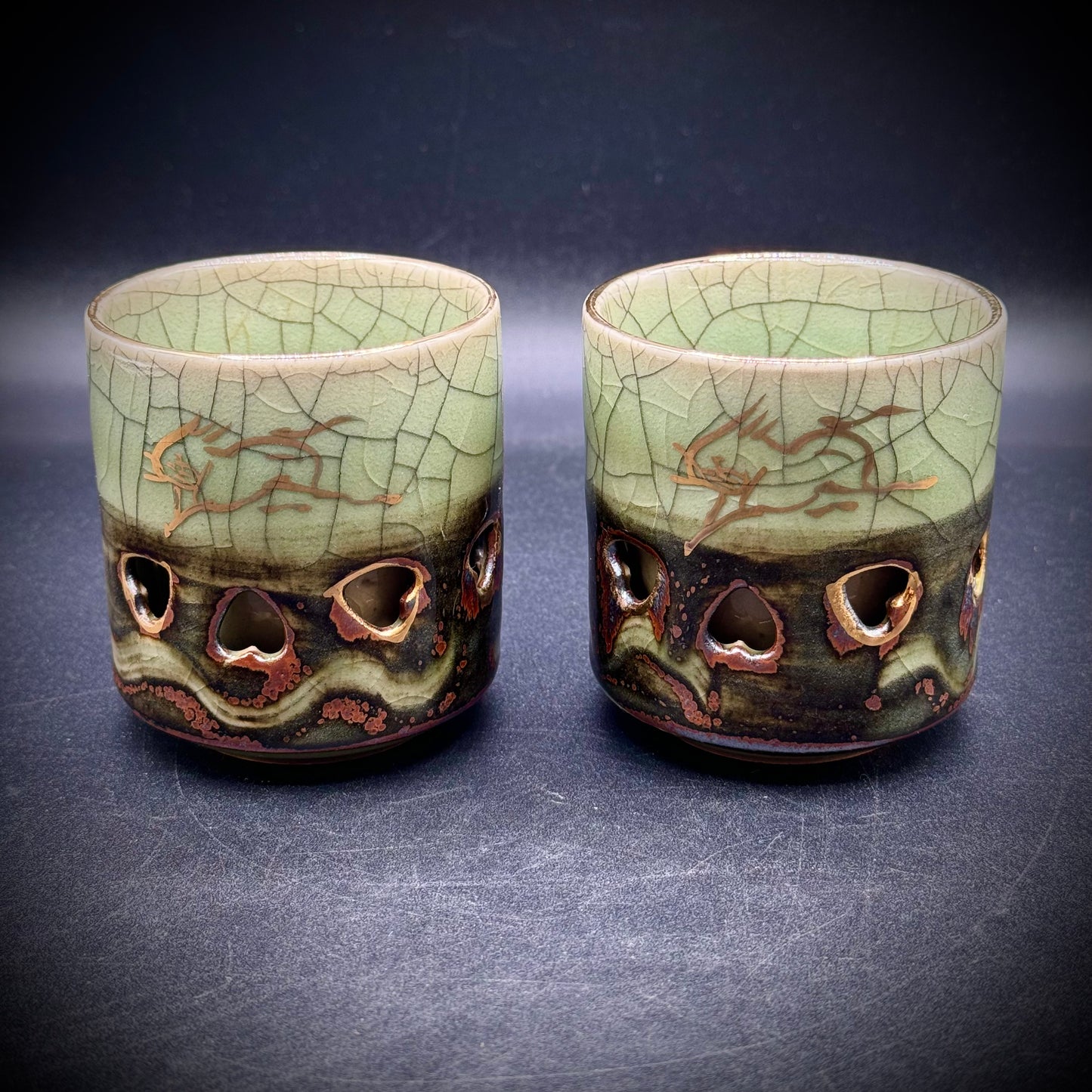 Pair of Vintage Soma Yaki Double Wall Tea Cups