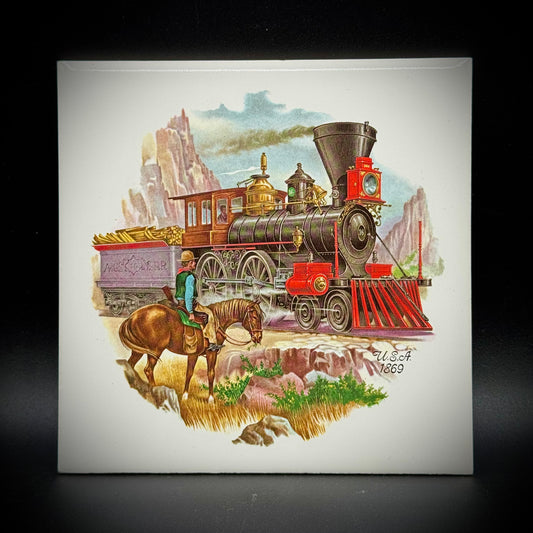 Vintage Western Railroad Motif Tile/Trivet with Blue Felt Backing