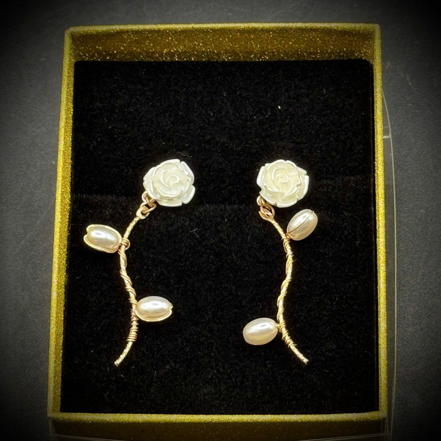New in Box Carved Roses & Faux Pearl Earrings